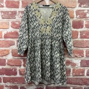 Zara Dress Women's XS Black Cream Boho Abstract Embroidered Beaded Casual